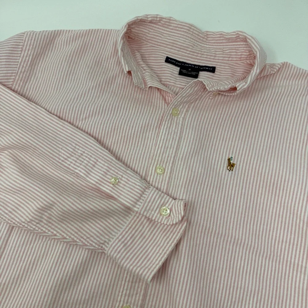 Ralph Lauren sport   Boys Size 16 Pink White Striped Oxford Button Up Shirt